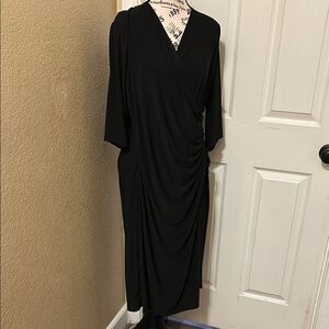 Kiyona Zoe Elegant Black Faux Wrap Dress with side ruching